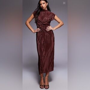 ASOS Plisse High Neck Ruched Detail Midi Dress